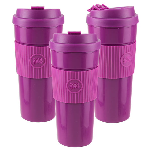 Cool Gear 3-Pack Eco 2 Go Coffee Mug with Protective Removable Band | Dishwasher Safe Spillproof Double-Wall Insulated Travel Mug for Coffee Tea and More | Plum Pack