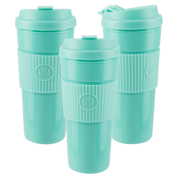 Cool Gear 3-Pack Eco 2 Go Coffee Mug with Protective Removable Band | Dishwasher Safe Spillproof Double-Wall Insulated Travel Mug for Coffee Tea and More | Green Tea Pack