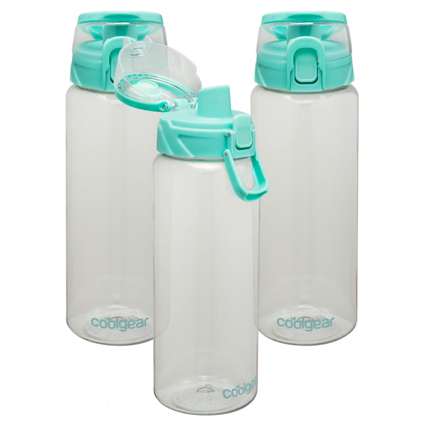Cool Gear 3-Pack Tritan Plastic 32 oz Cylinder Water Bottle with Halo Top Lid | Dishwasher Safe Leakproof Shatter-Resistant Water Bottle With Easy Carry Loop | Green Tea Pack