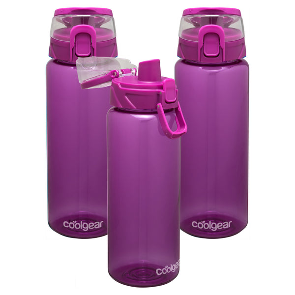 Cool Gear 3-Pack Tritan Plastic 32 oz Cylinder Water Bottle with Halo Top Lid | Dishwasher Safe Leakproof Shatter-Resistant Water Bottle With Easy Carry Loop | Plum Pack