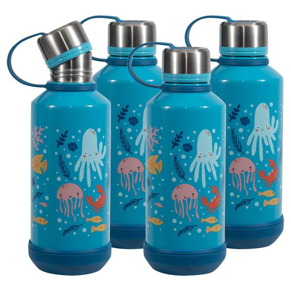 COOL GEAR 4-Pack 16 oz Stainless Steel Double Walled Vacuum Insulated Absorb Water Bottle with Twist Off Cap & Finger Loop Carry | Great For Kids School Travel Sports and More