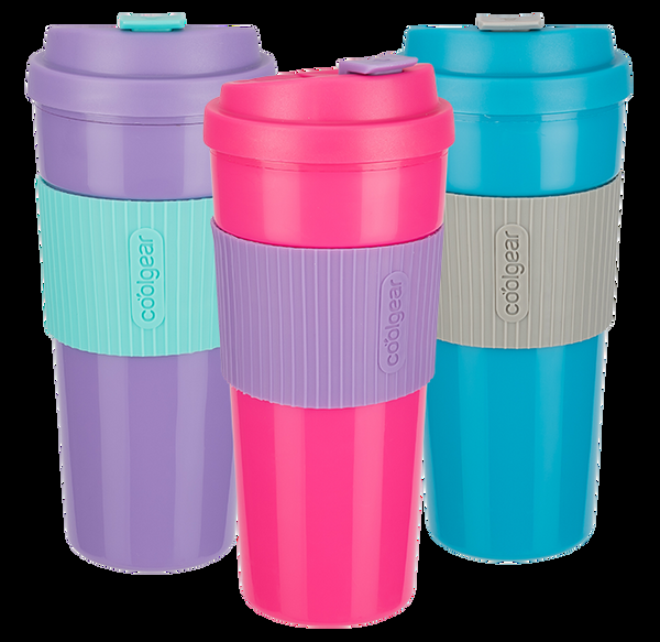 COOLGEAR 3-Pack 19 oz Eco 2 Go Coffee Mug with Protective Removable Band | Dishwasher Safe Spillproof Double-Wall Insulated Travel Mug for Coffee Tea and More | Blue/Pink/Purple