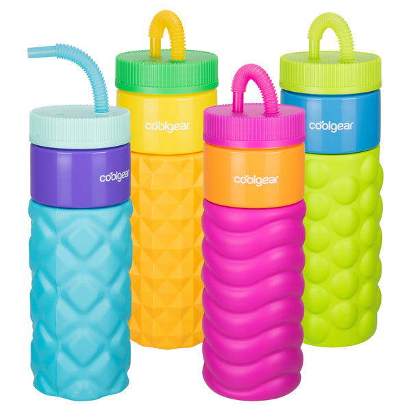 COOLGEAR GO GRIP 24 OZ Plastic Retro Squishy Water Bottle | Cute Printed Design Foam Grip Resealable Bendy Straw | Dishwasher Safe