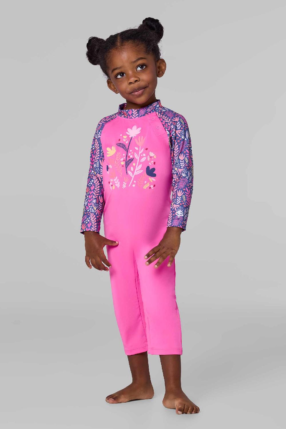 coolibar Baby Beach One-Piece Swimsuit | Tulip Pink Blooming Forest