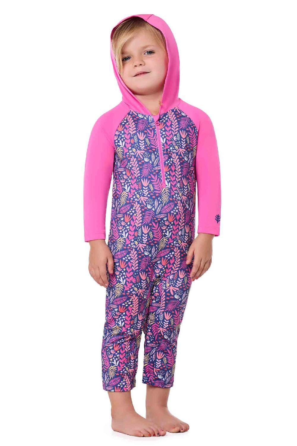 Coolibar Baby Finn Hooded One-Piece Swimsuit | Tulip Pink Colorblock