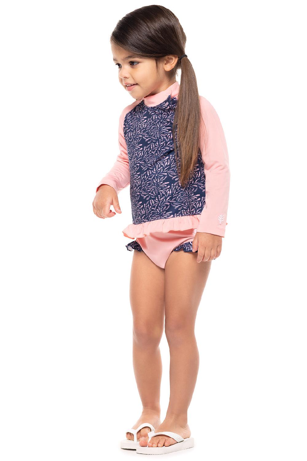 Coolibar Baby Guppy Ruffle Rash Guard Set | Peachy Pink Etched Flowers