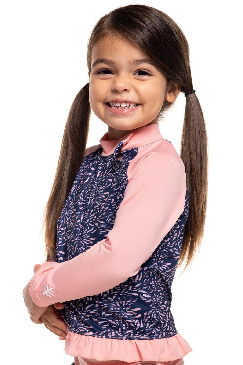 Coolibar Baby Guppy Ruffle Rash Guard Set | Peachy Pink Etched Flowers