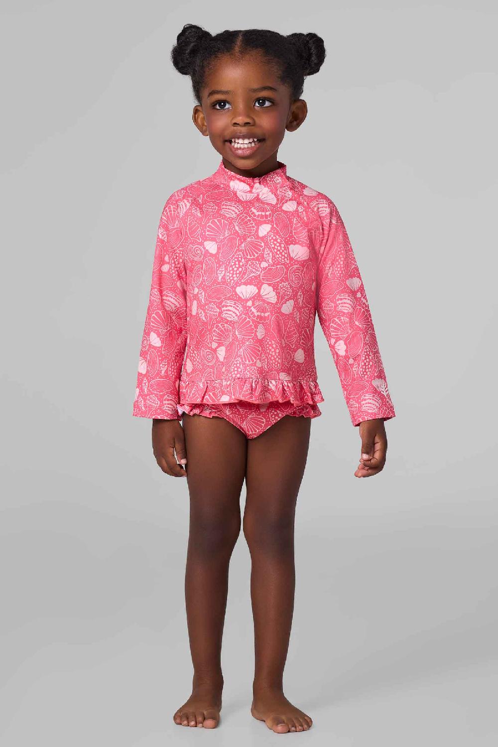 coolibar Baby Guppy Ruffle Rash Guard Set | Sunkist Coral Shell Dream