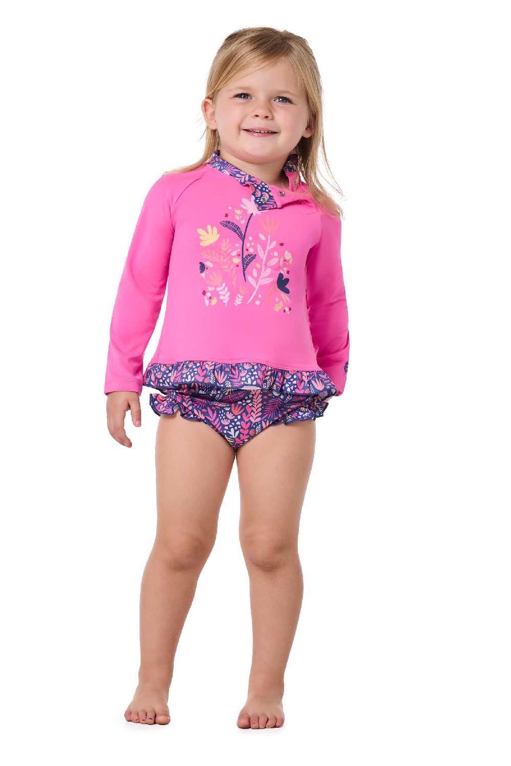 Coolibar Baby Guppy Ruffle Rash Guard Set | Tulip Pink Graphic- Blooming Forest