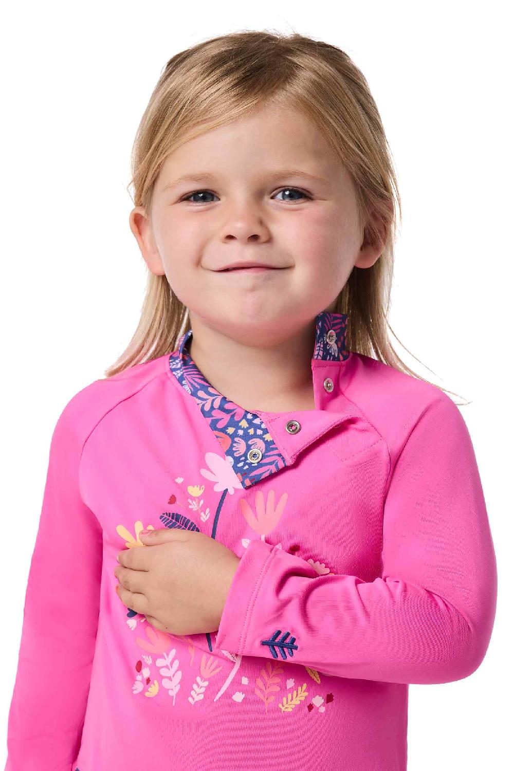 Coolibar Baby Guppy Ruffle Rash Guard Set | Tulip Pink Graphic- Blooming Forest