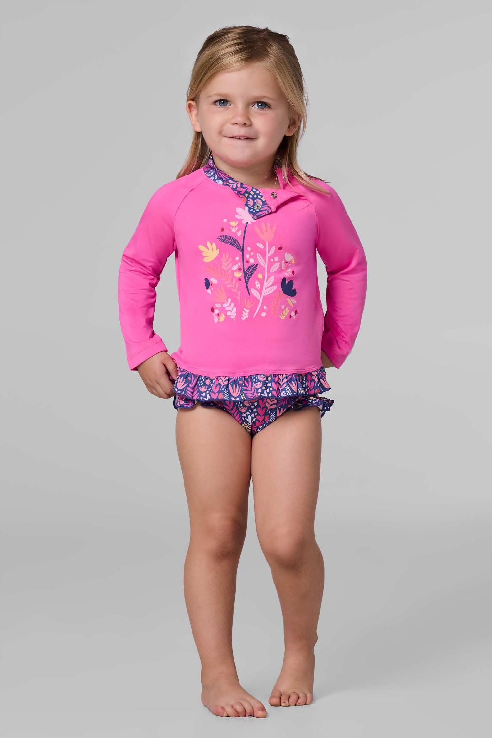 coolibar Baby Guppy Ruffle Rash Guard Set | Tulip Pink Graphic- Blooming Forest
