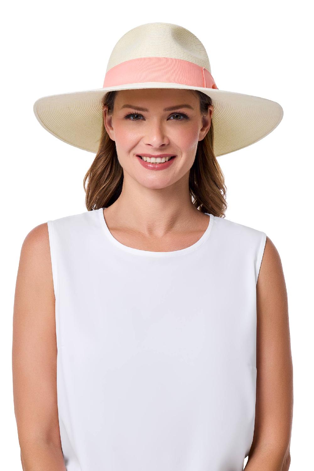 Coolibar Christy Large Brim Fedora With Fancy Bow | Ivory/Flamingo Pink