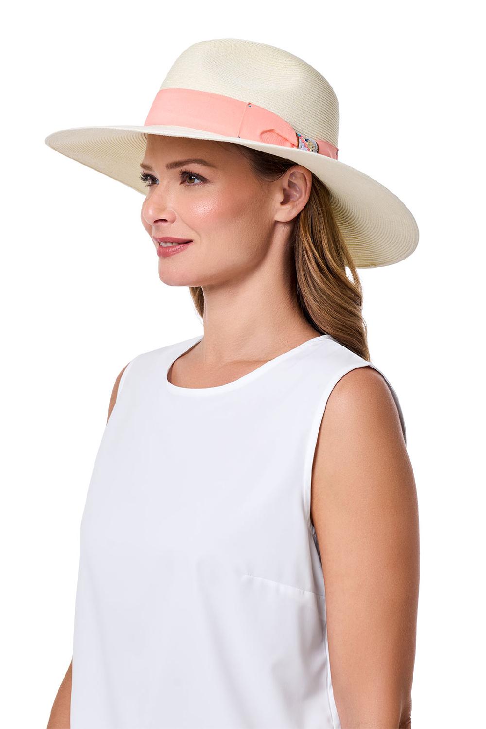 Coolibar Christy Large Brim Fedora With Fancy Bow | Ivory/Flamingo Pink