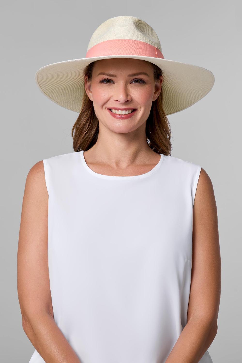 coolibar Christy Large Brim Fedora With Fancy Bow | Ivory/Flamingo Pink