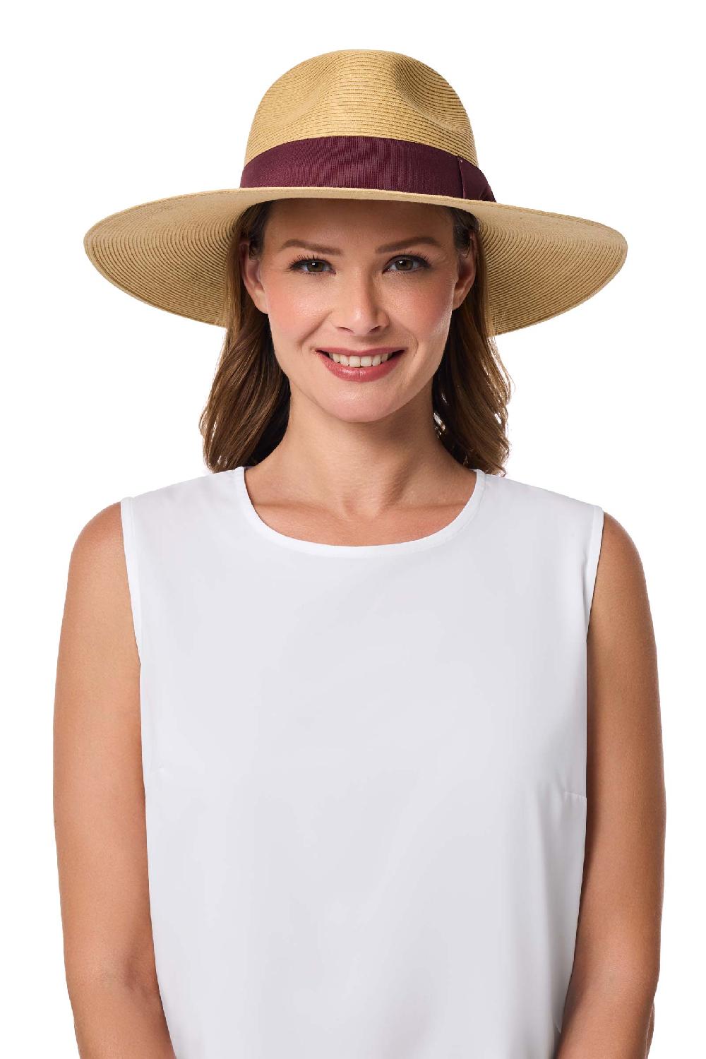 Coolibar Christy Large Brim Fedora With Fancy Bow | Natural/Burgundy