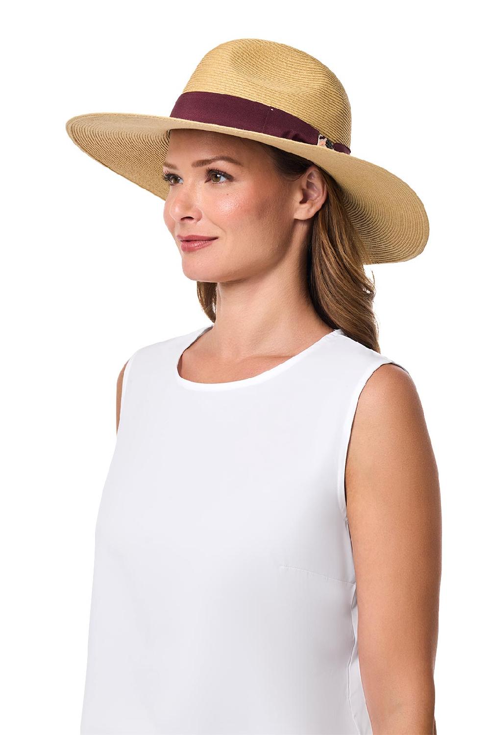 Coolibar Christy Large Brim Fedora With Fancy Bow | Natural/Burgundy