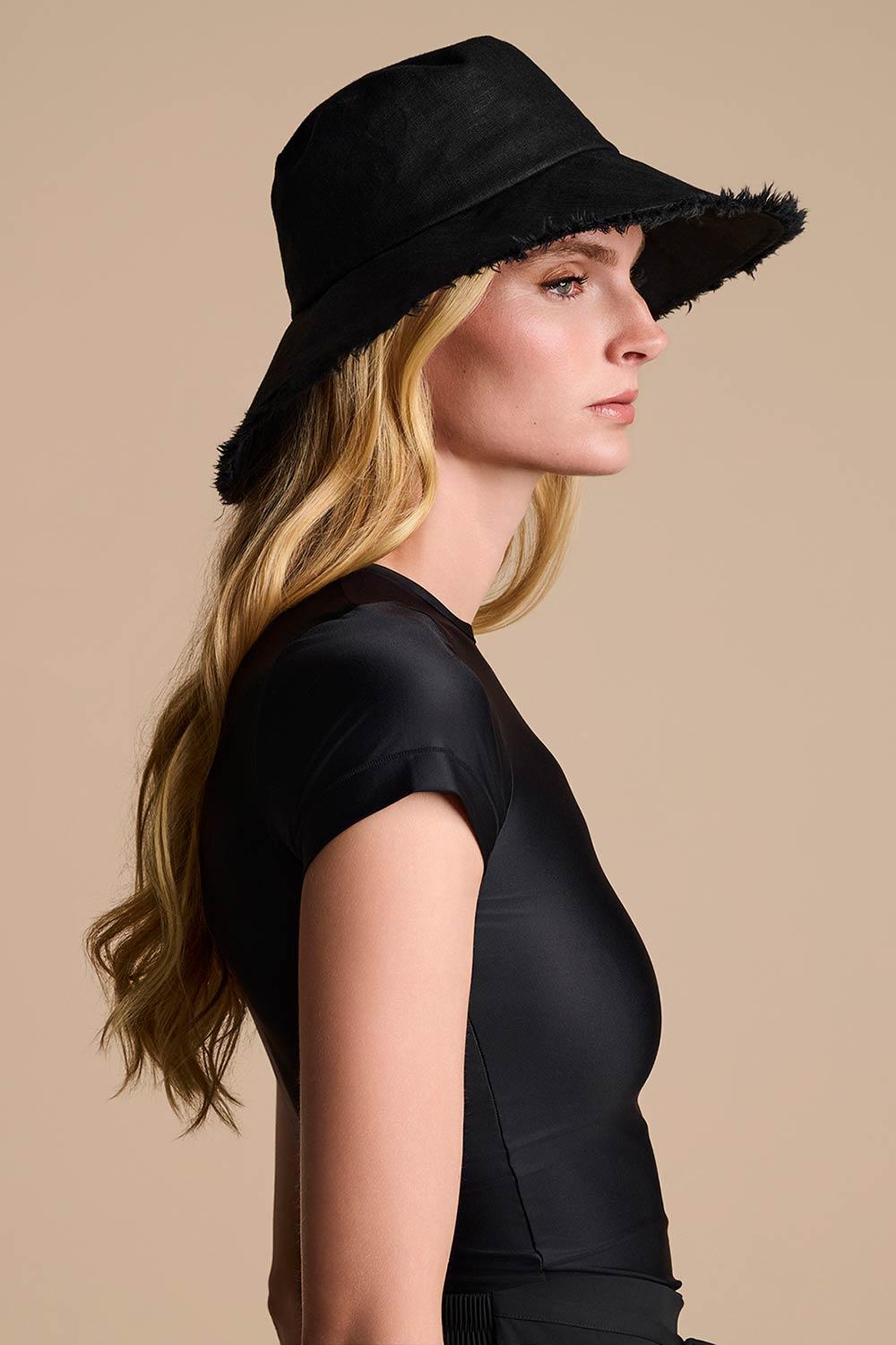 Coolibar Charlotte Linen Fringe Sun Hat | Black