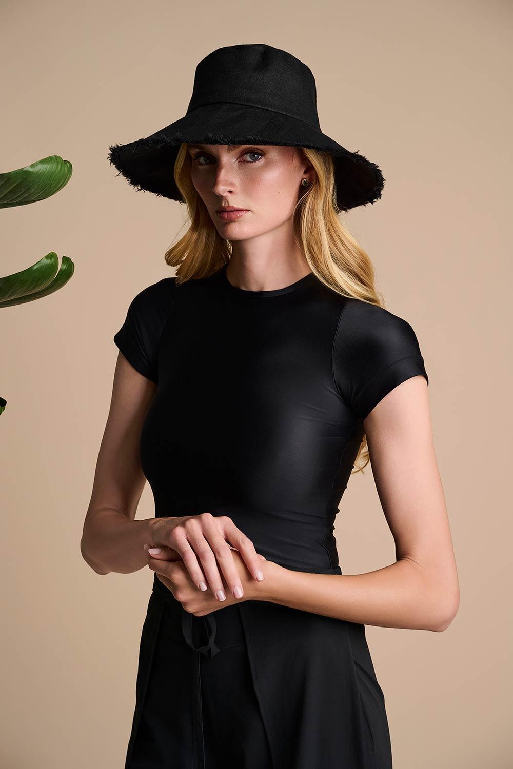 Coolibar Charlotte Linen Fringe Sun Hat | Black