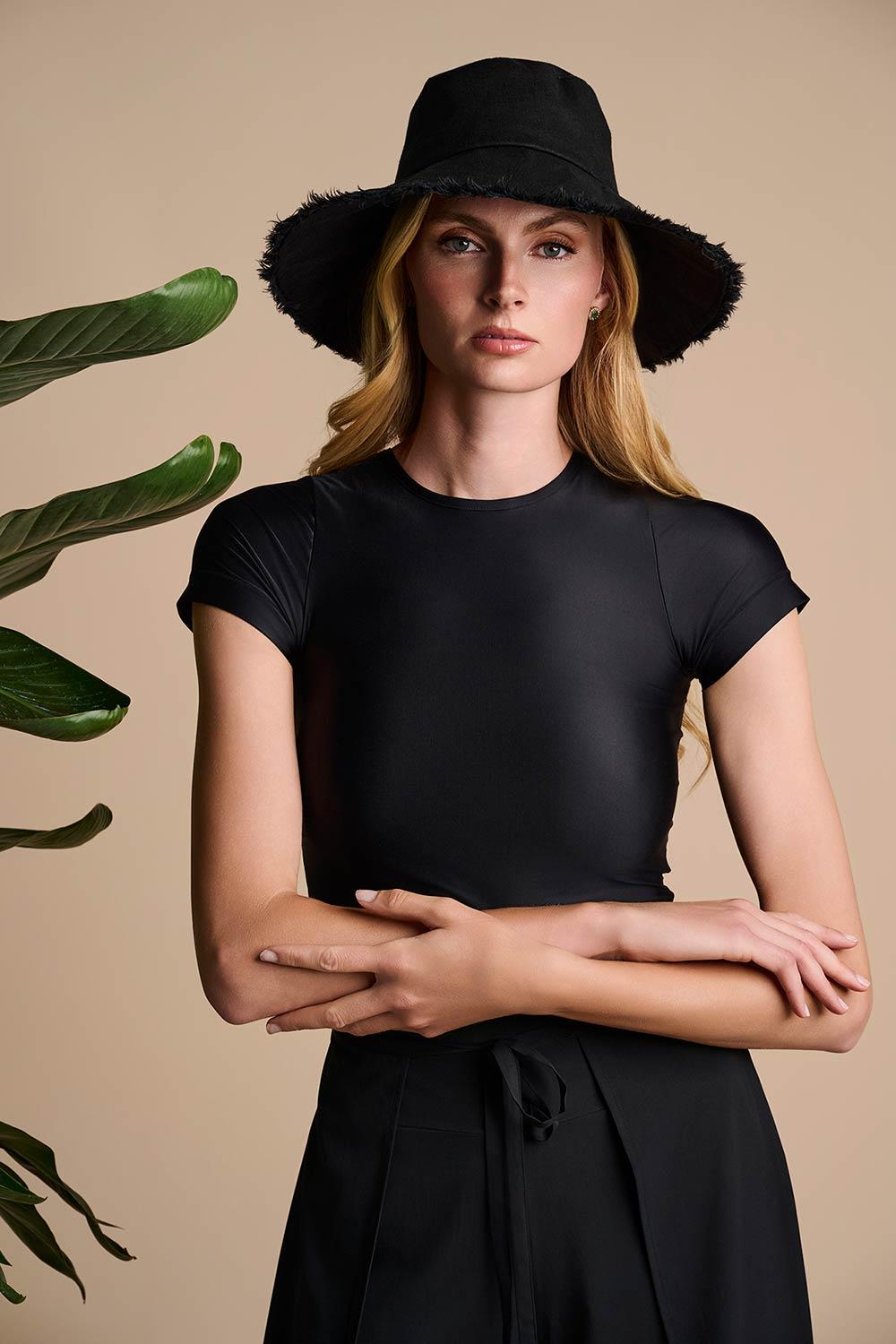 coolibar Charlotte Linen Fringe Sun Hat | Black