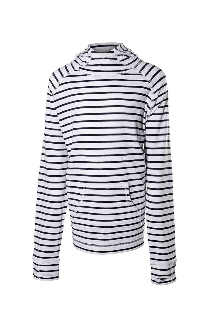 Coolibar Kid's LumaLeo Hoodie | White/Navy Stripe