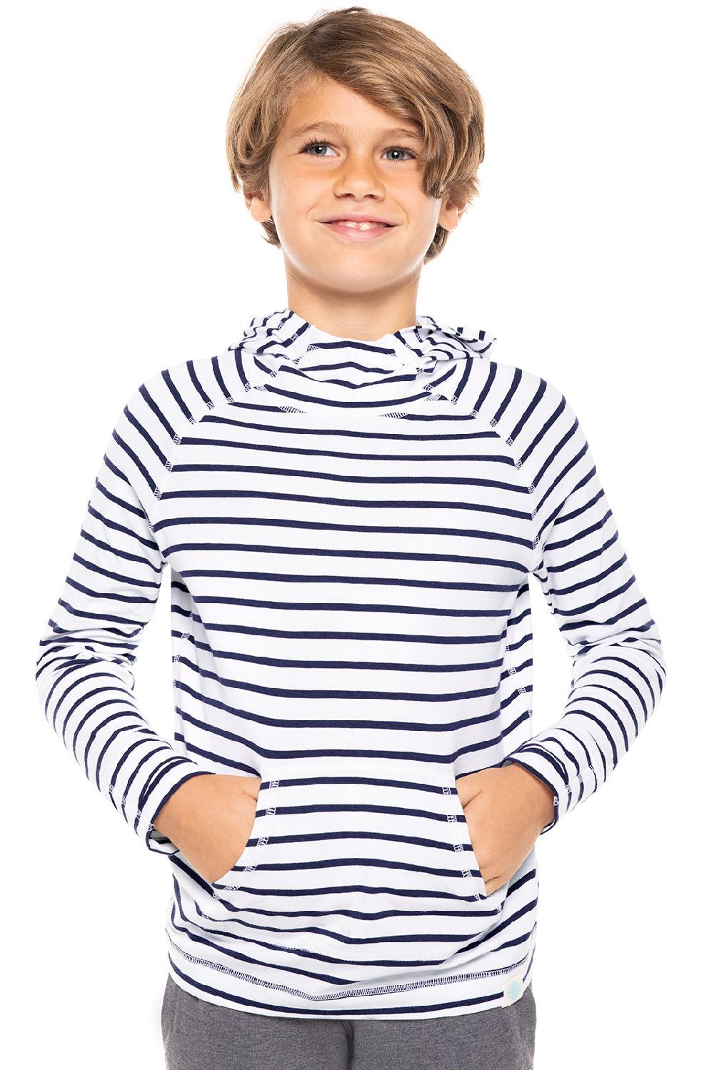 Coolibar Kid's LumaLeo Hoodie | White/Navy Stripe