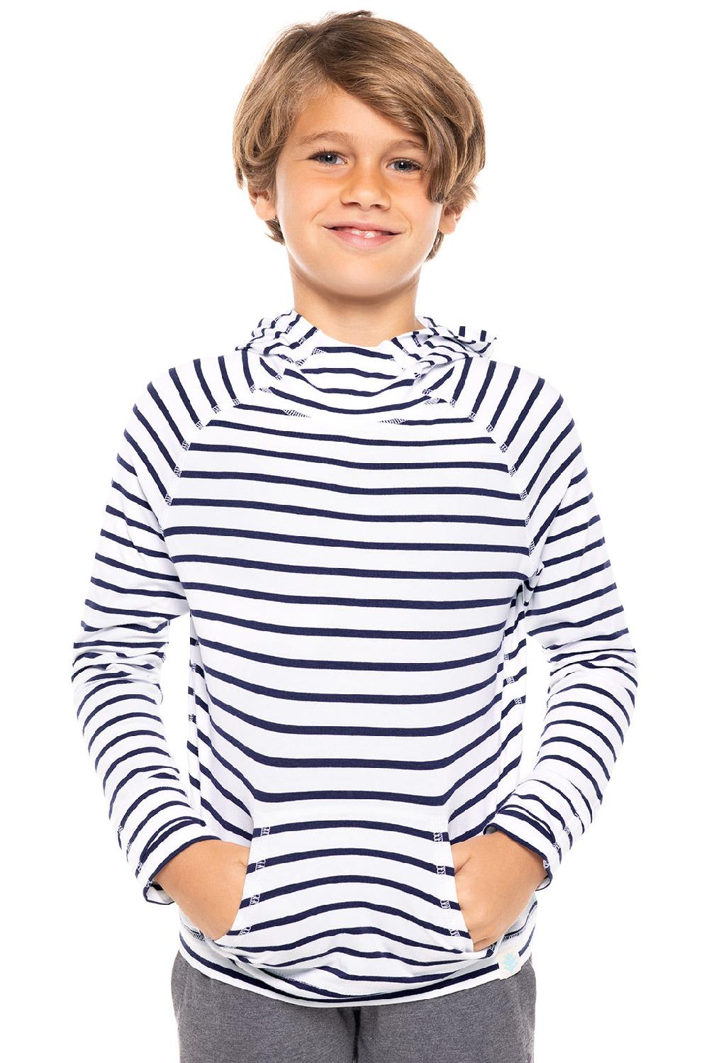 coolibar Kid's LumaLeo Hoodie | White/Navy Stripe