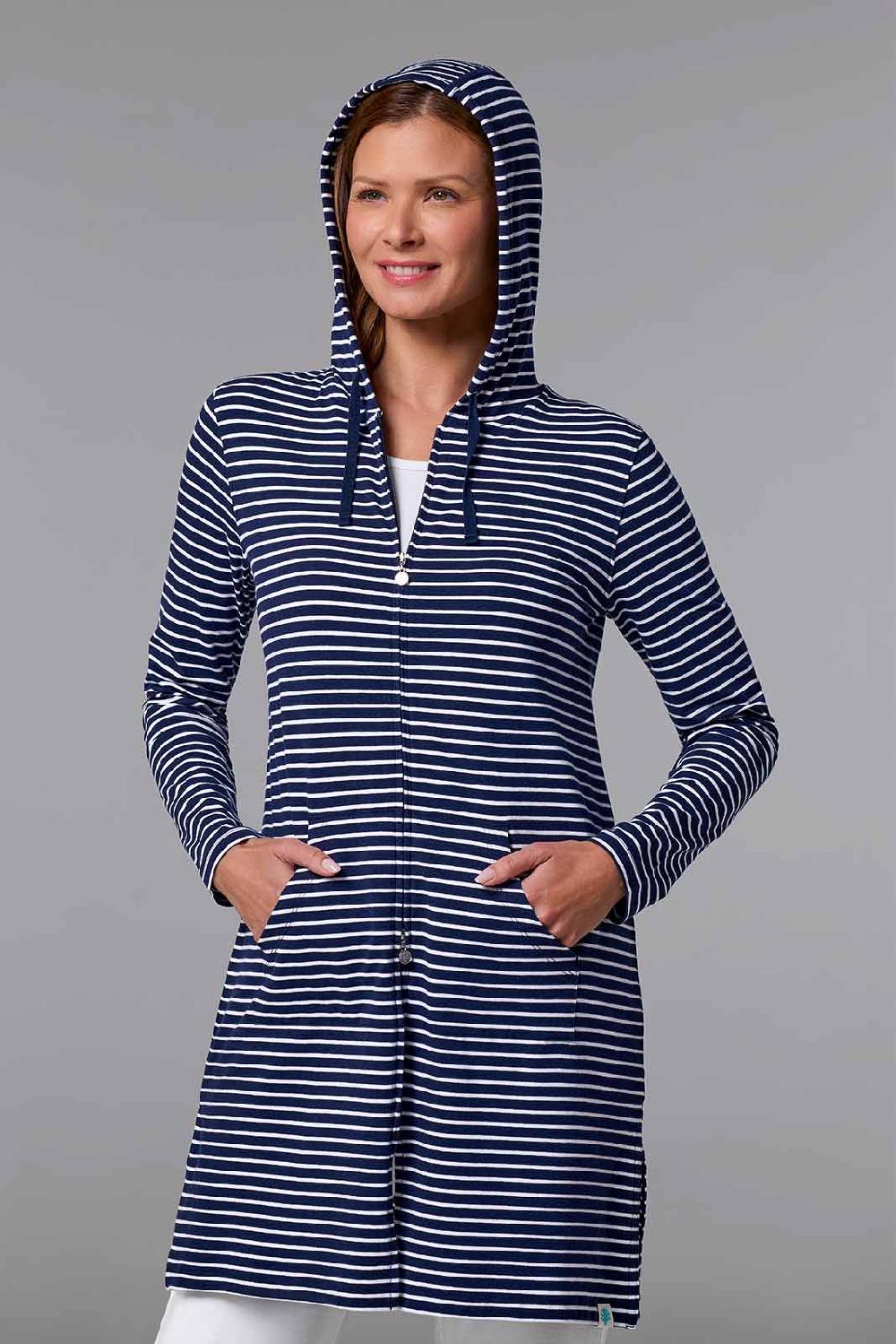coolibar Women's Cabana Hoodie | Navy/White Stripe