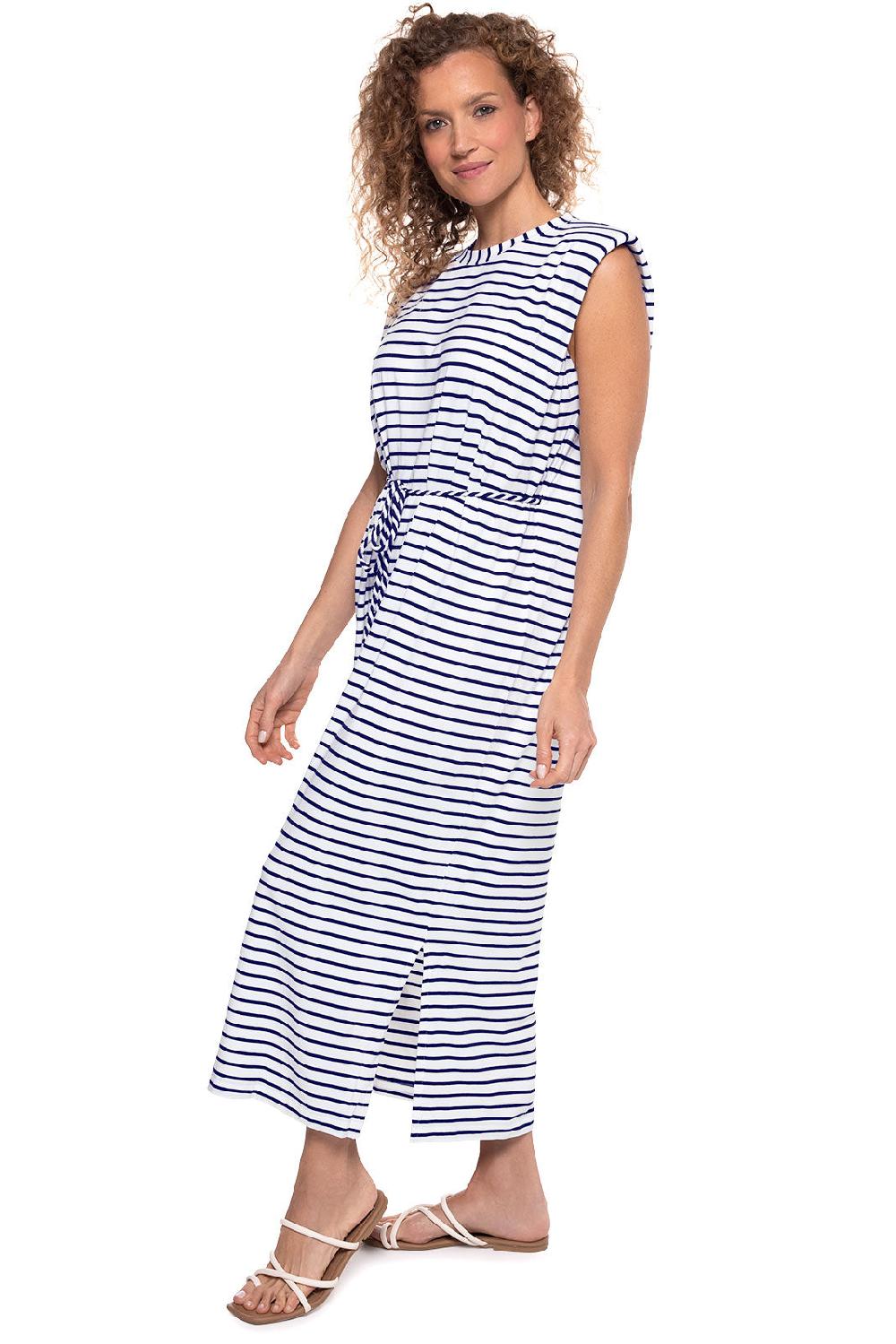 Coolibar Women's Coral Way Dress | White/Navy Stripe