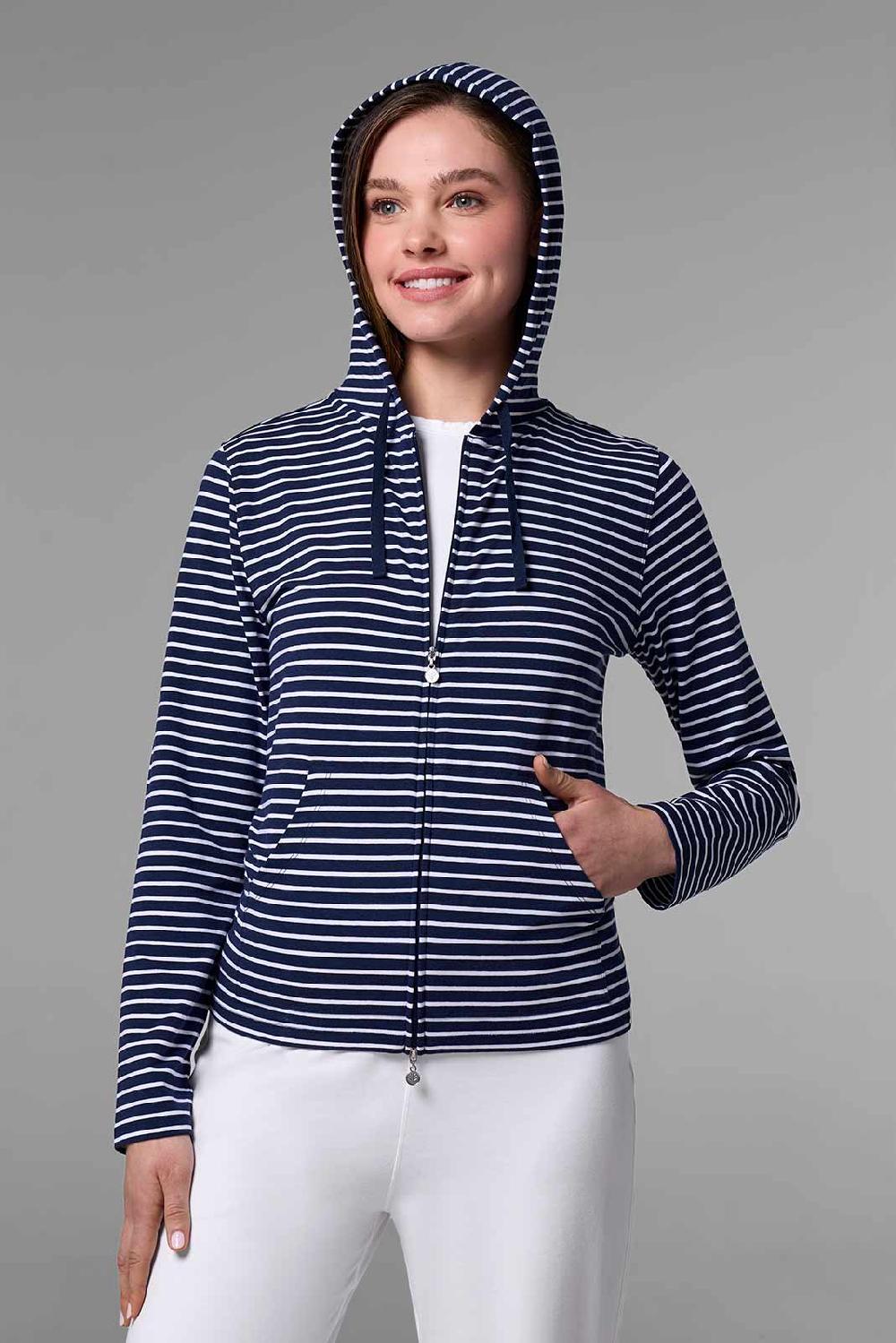 coolibar Women's Seaside Hoodie | Navy/White Stripe