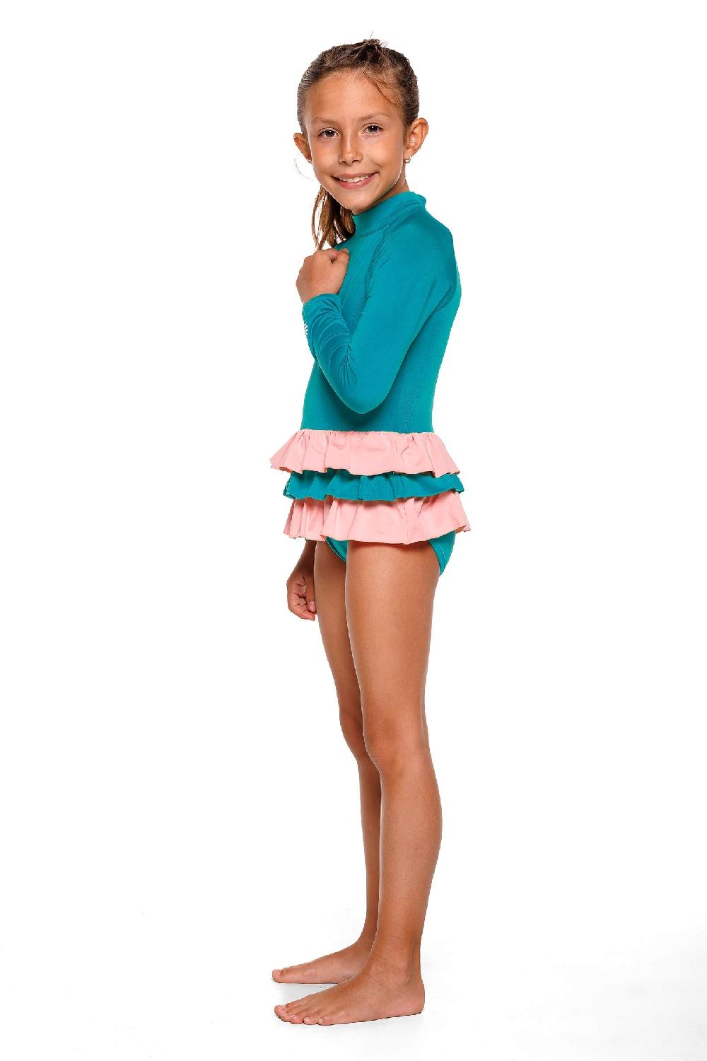 Coolibar Girl's Kailani Long Sleeve Swimsuit | Tahitian Teal