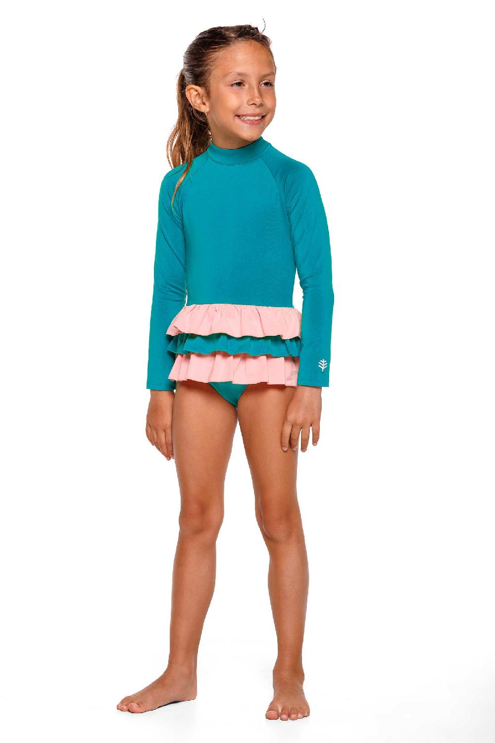 coolibar Girl's Kailani Long Sleeve Swimsuit | Tahitian Teal