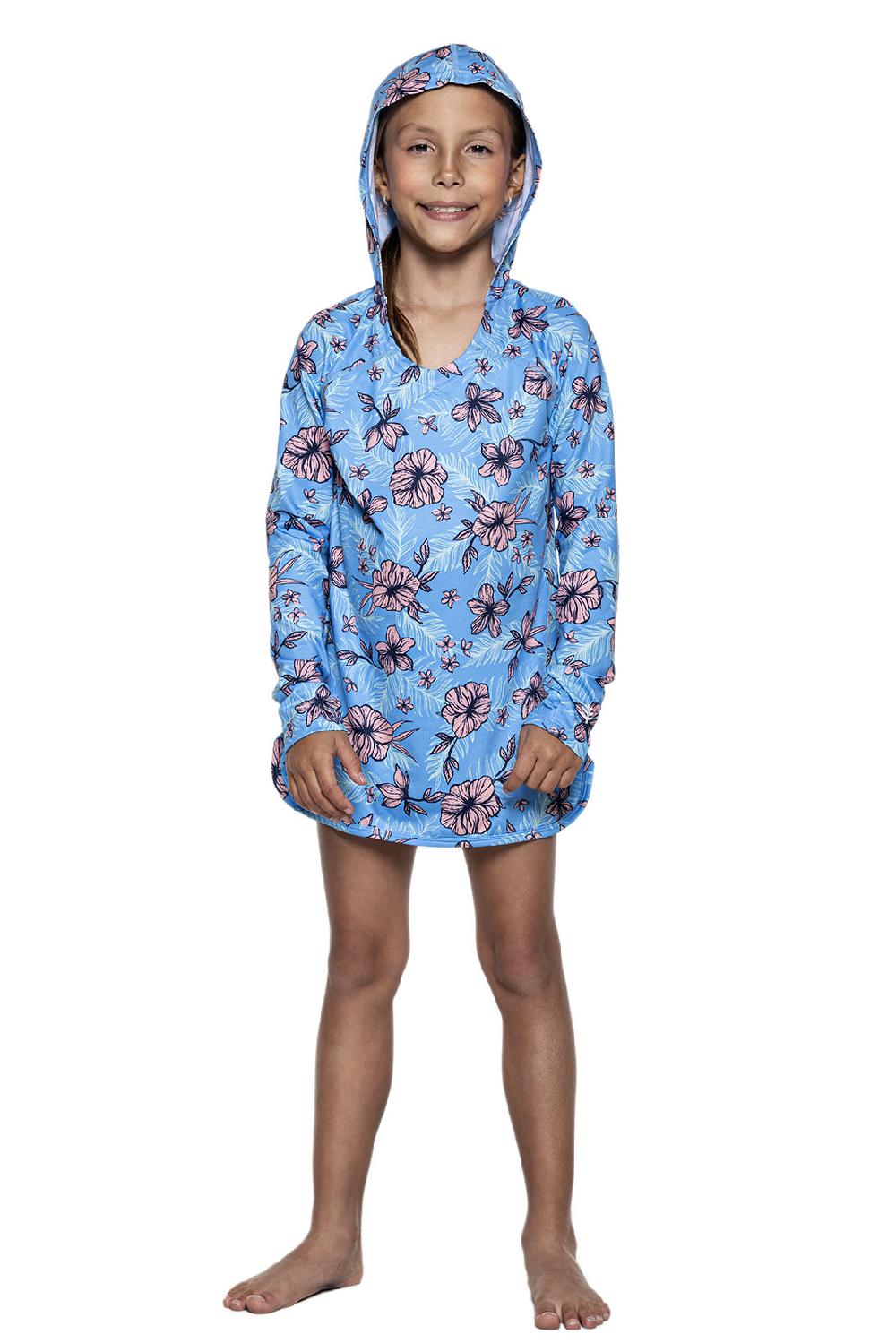 Coolibar Girl's Seacoast Swim Cover-Up Dress | Clear Sky Blue TROPICAL DAZE