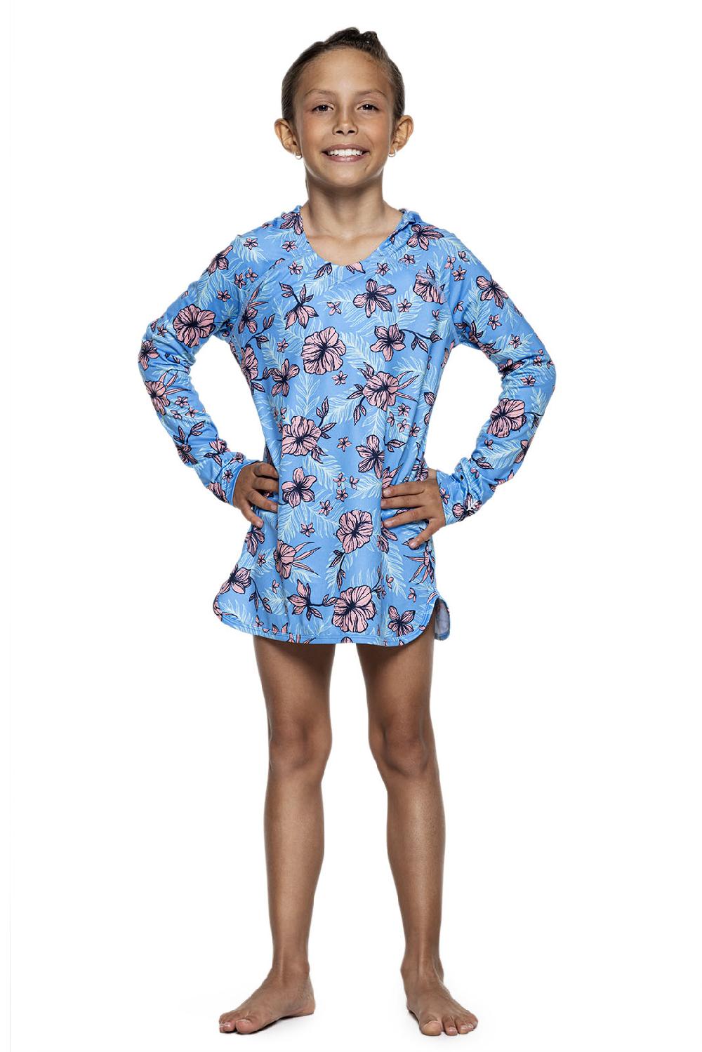 coolibar Girl's Seacoast Swim Cover-Up Dress | Clear Sky Blue TROPICAL DAZE