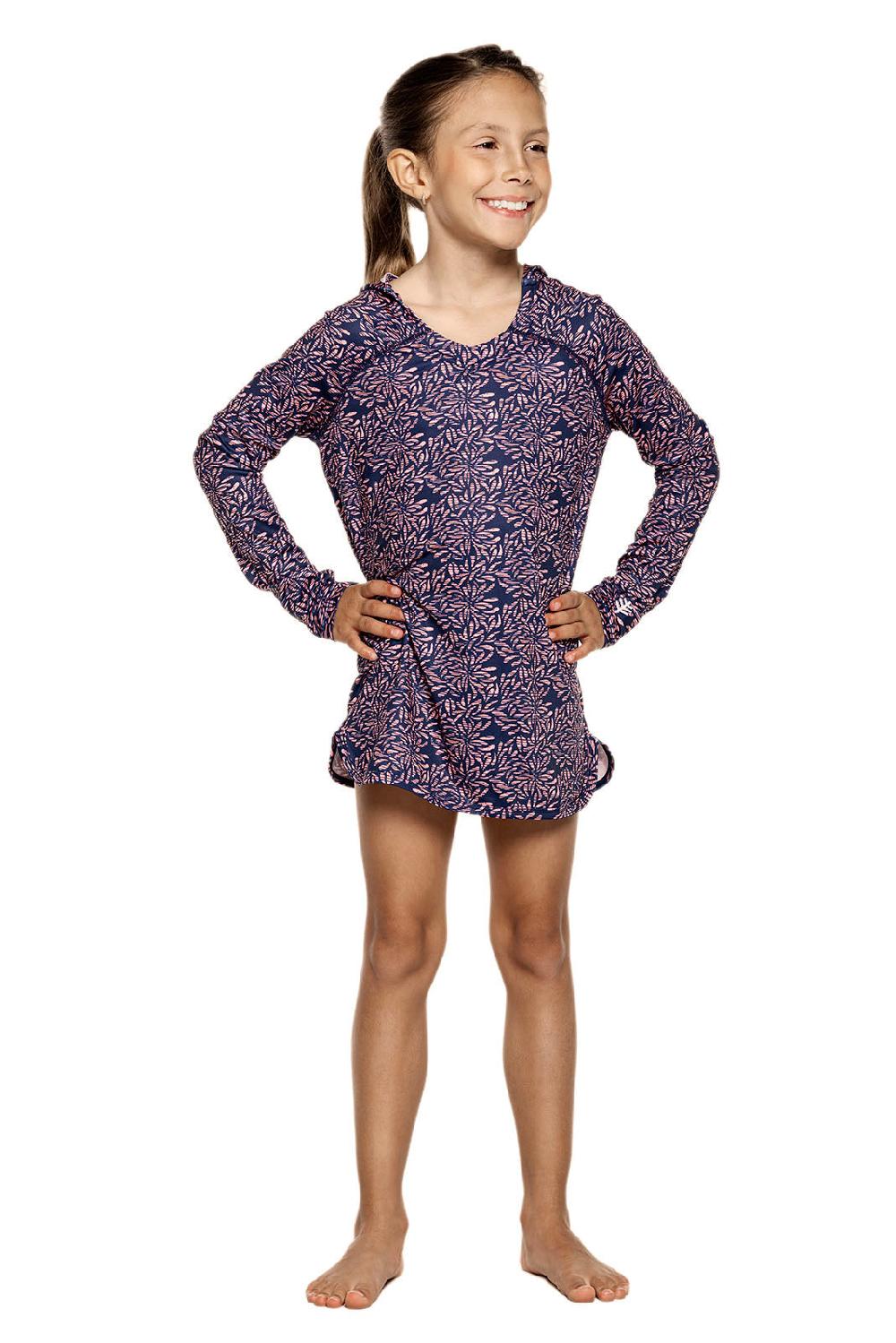 Coolibar Girl's Seacoast Swim Cover-Up Dress | Peachy Pink Etched Flowers