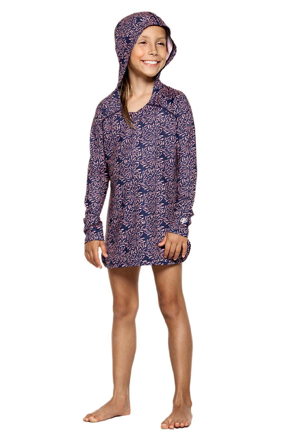 coolibar Girl's Seacoast Swim Cover-Up Dress | Peachy Pink Etched Flowers