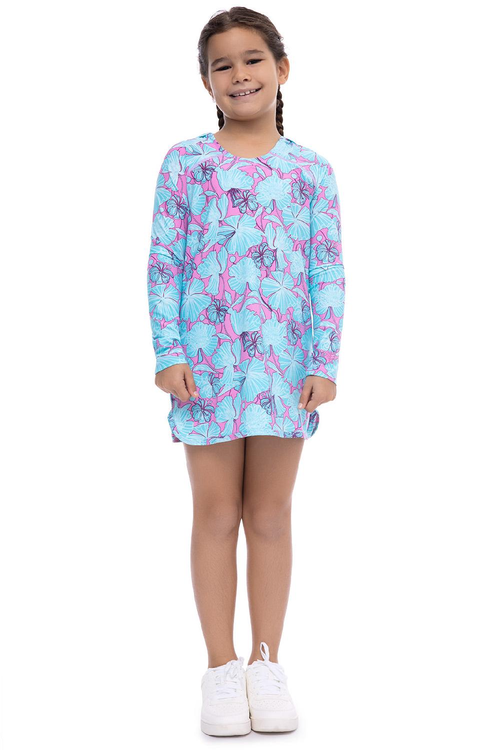 coolibar Girl's Seacoast Swim Cover-Up Dress | Tropical Orchid Botanical Floral