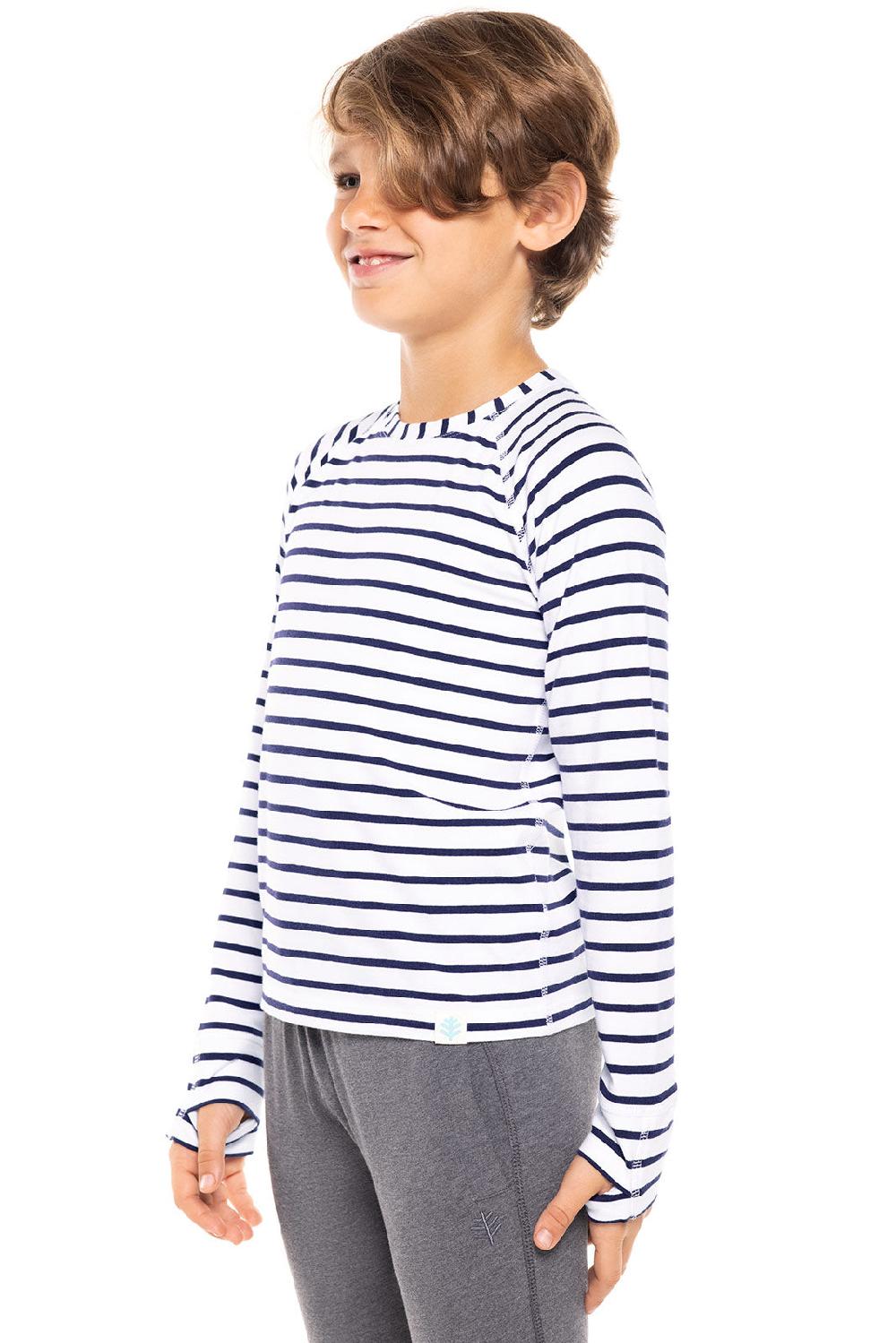 Coolibar Kid's LumaLeo Long Sleeve T-Shirt | White/Navy Stripe