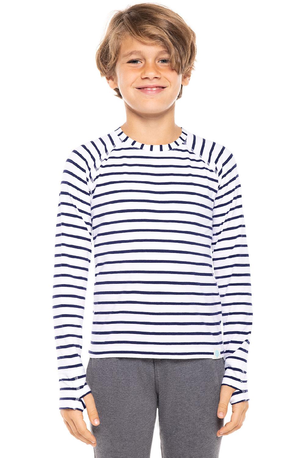 coolibar Kid's LumaLeo Long Sleeve T-Shirt | White/Navy Stripe