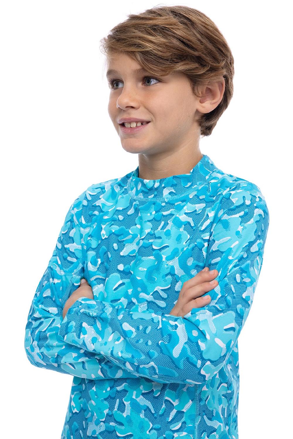 Coolibar Kid's Sandshark Long Sleeve Surf Shirt | Aruba Blue Sea Camo