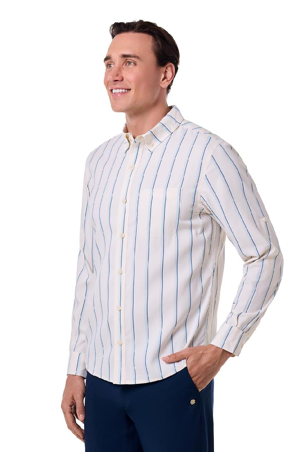 Coolibar Men's Aricia Sun Shirt | Pearl/Skyride Stripe