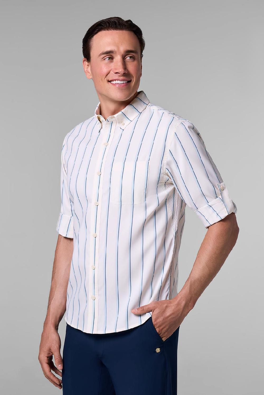 coolibar Men's Aricia Sun Shirt | Pearl/Skyride Stripe
