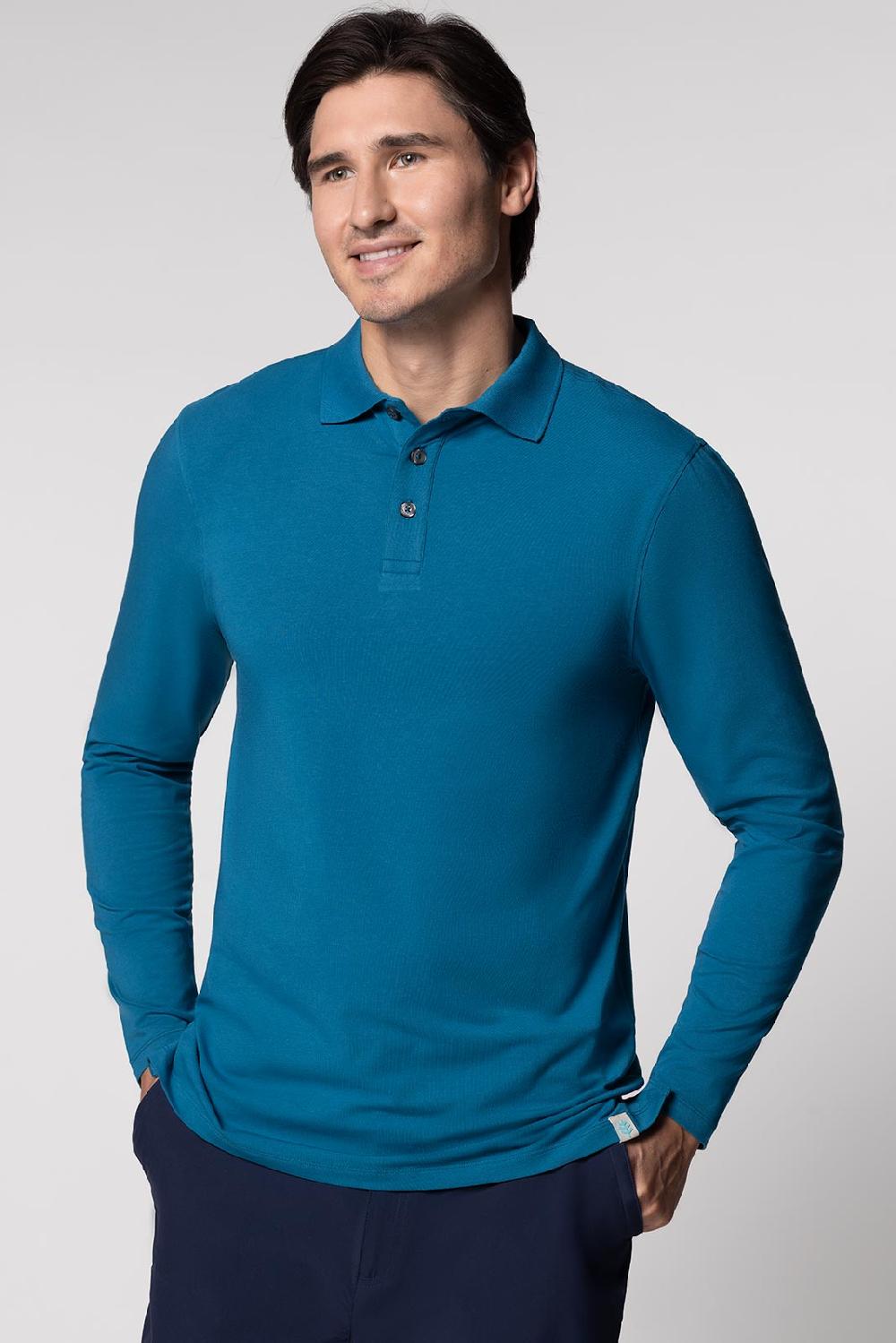 coolibar Men's Coppitt Long Sleeve Weekend Polo | Bluejay
