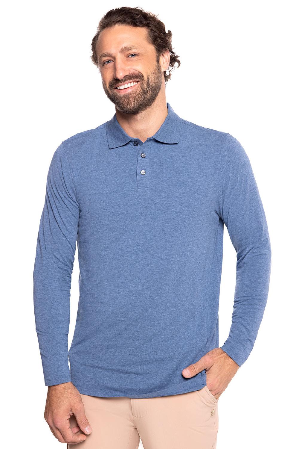 coolibar Men's Coppitt Long Sleeve Weekend Polo | Tidal Blue Heather