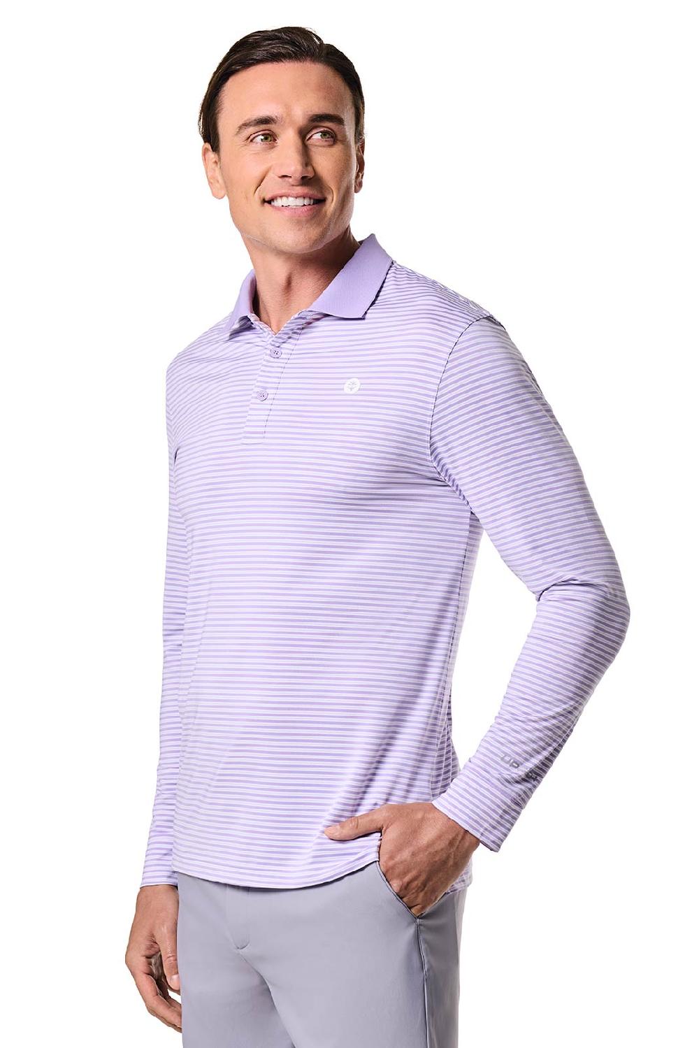 Coolibar Men's Erodym Long Sleeve Polo | Lavendula/White Stripe