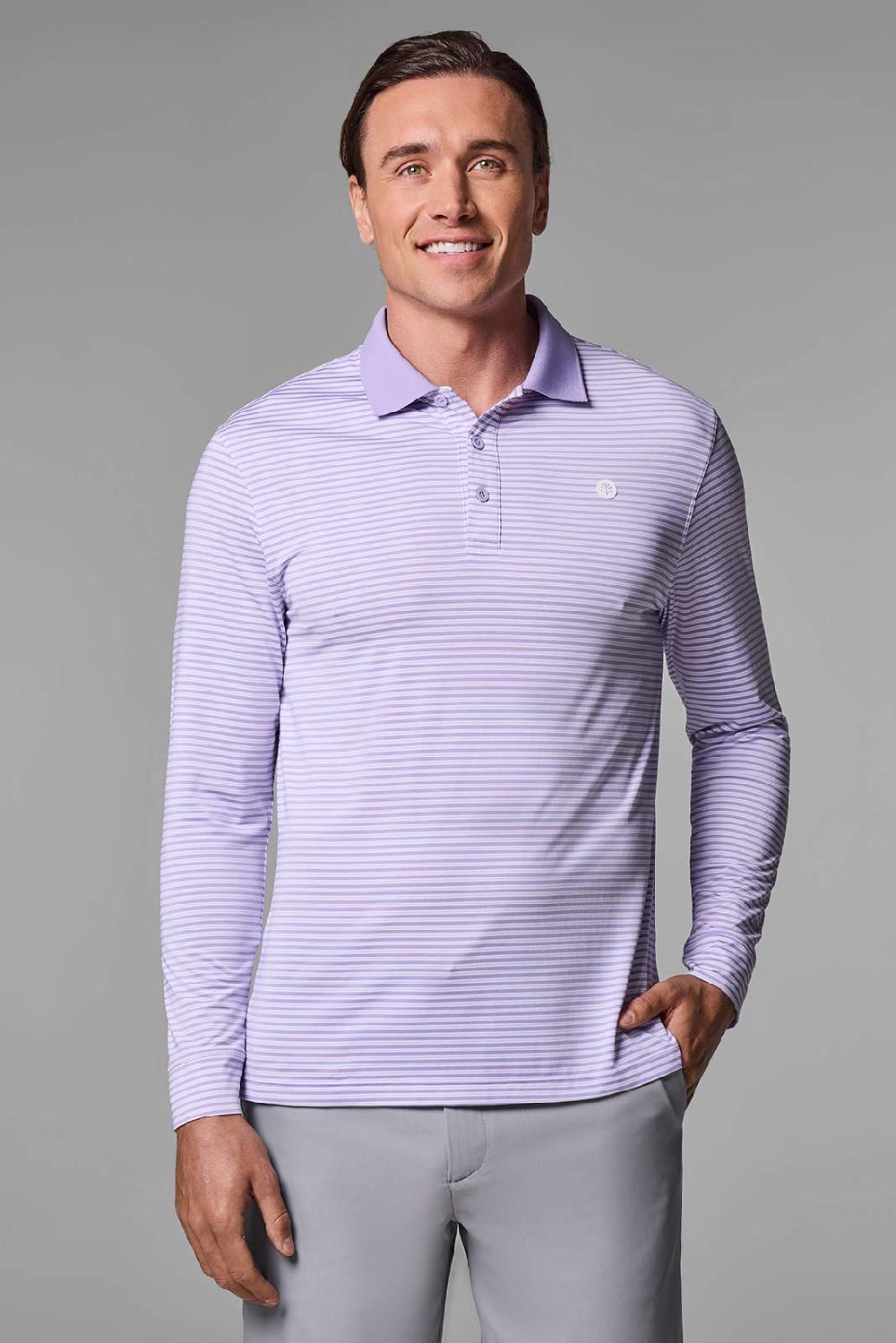 coolibar Men's Erodym Long Sleeve Polo | Lavendula/White Stripe
