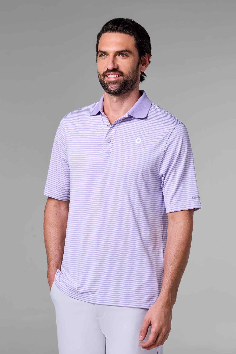 coolibar Men's Erodym Short Sleeve Polo | Lavendula/White Stripe