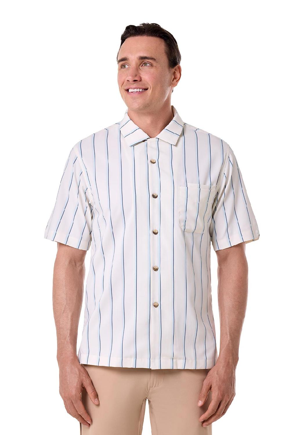 Coolibar Men's Safari Camp Shirt | Pearl/Skyride Stripe