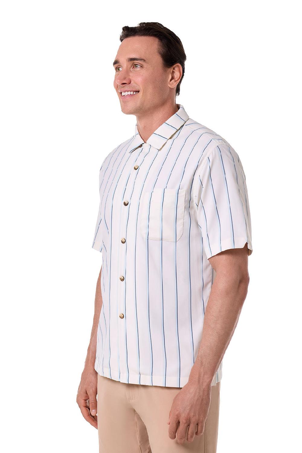 Coolibar Men's Safari Camp Shirt | Pearl/Skyride Stripe