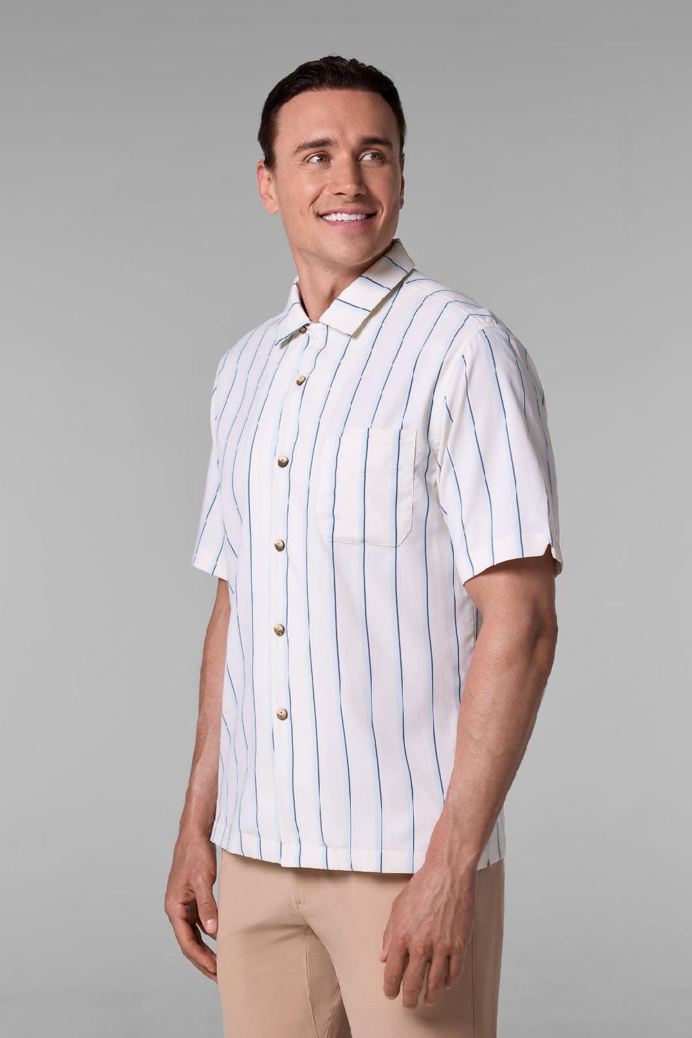 coolibar Men's Safari Camp Shirt | Pearl/Skyride Stripe