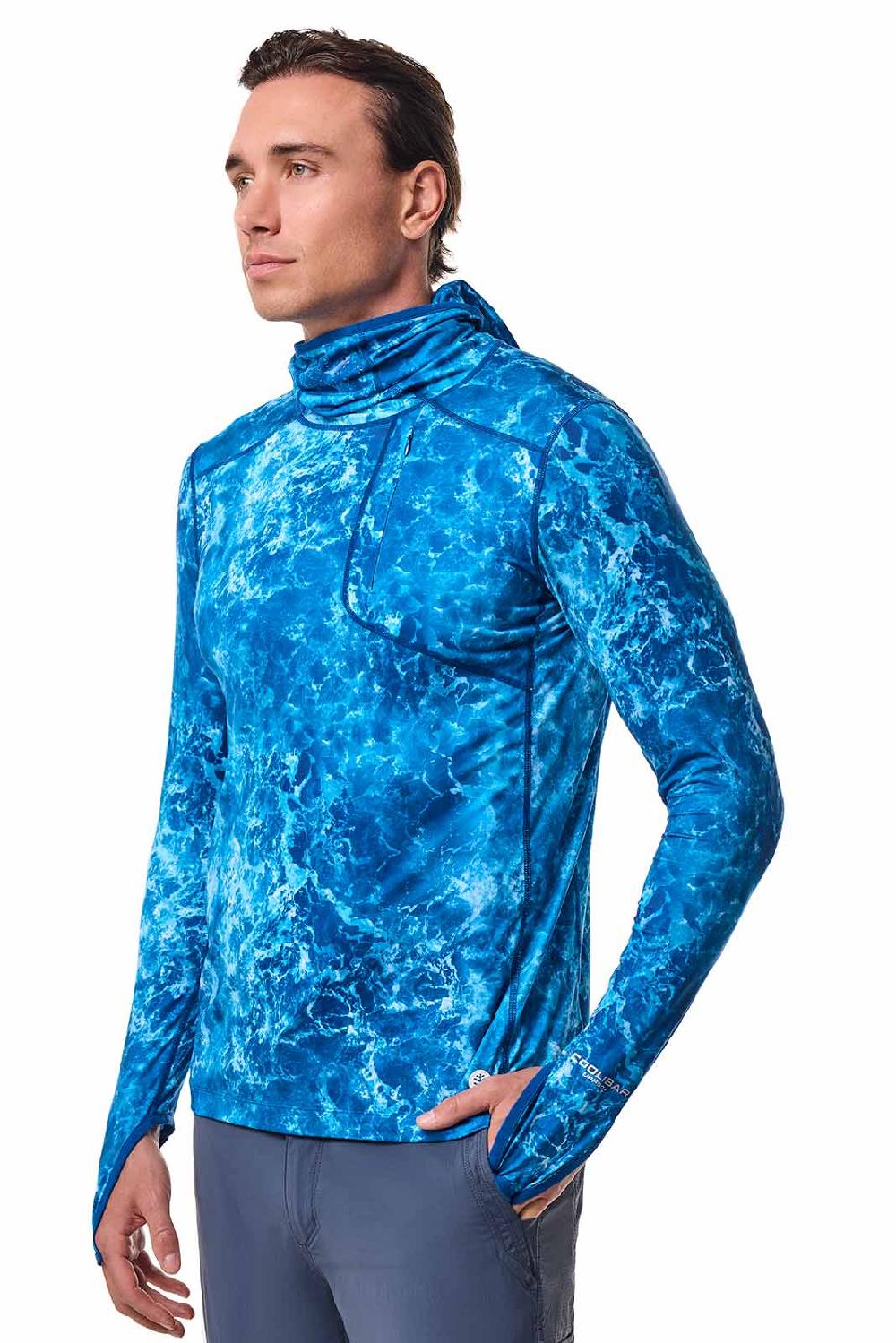 Coolibar Men's Vented Andros Fishing Hoodie | Blue Water Print